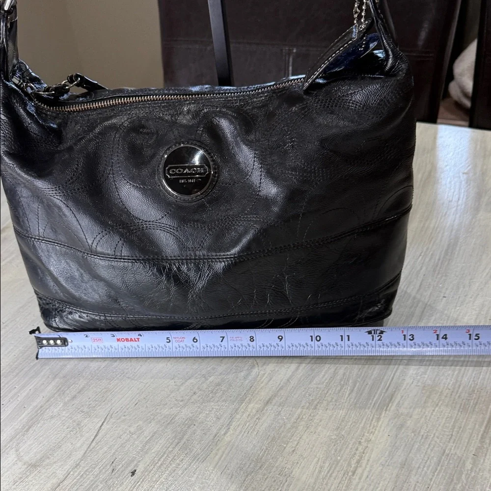 Coach Black Signature Stripe Stitched Leather Hobo Bag with Silver Accents